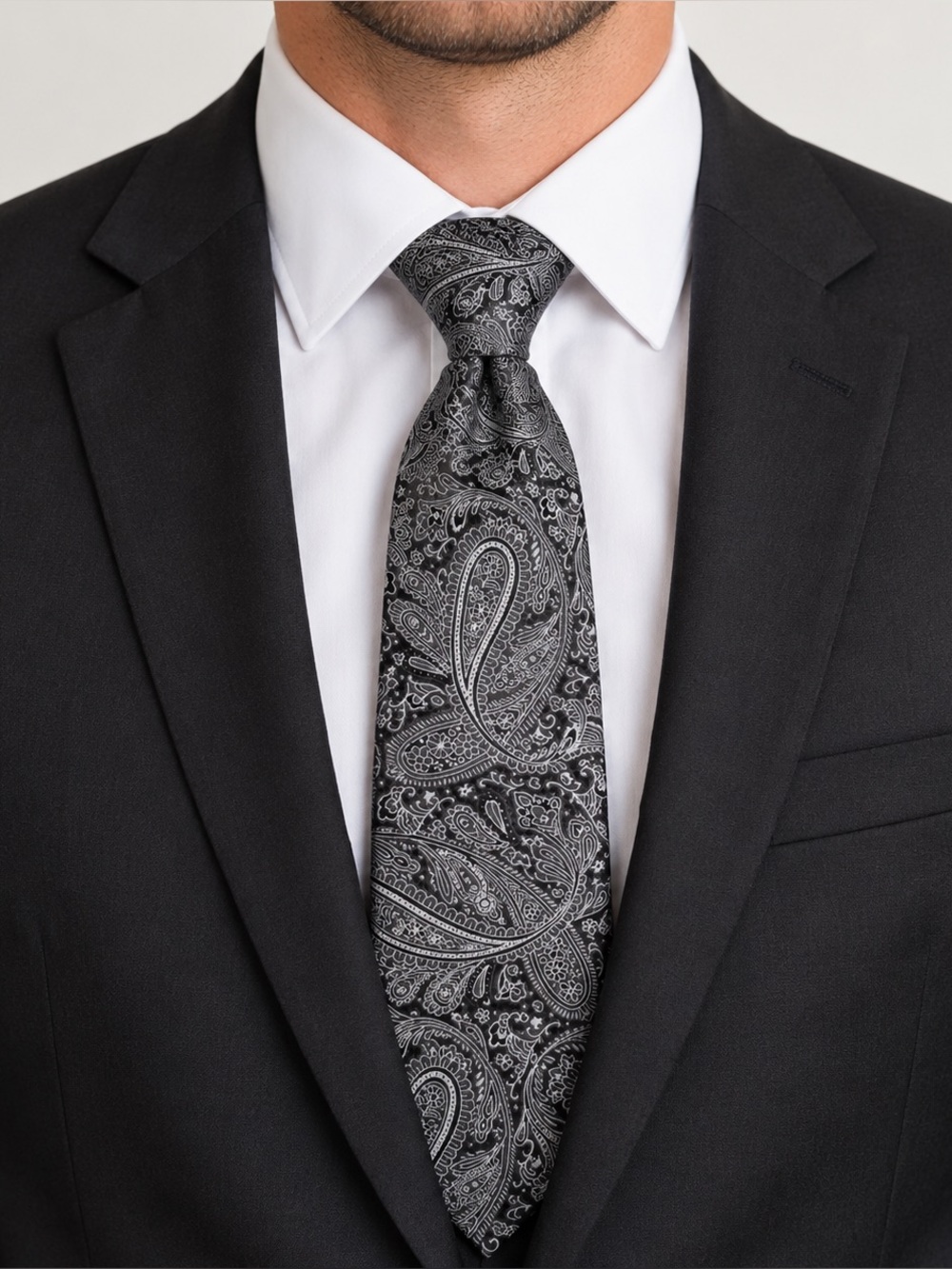 Ziggurat Black Gray Paisley Necktie Men’s Formal Dress Tie Classic